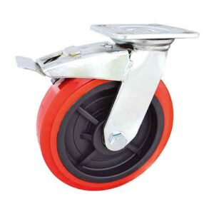 Rueda PP / PVC rojo 150 mm base gir. con freno (2 rulemanes)